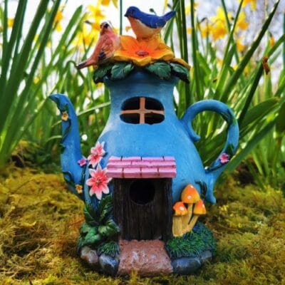 solar blue teapot fairy house