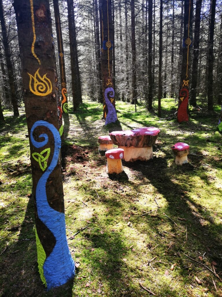 toadstool seating in the woods at Derryounce fairy trail