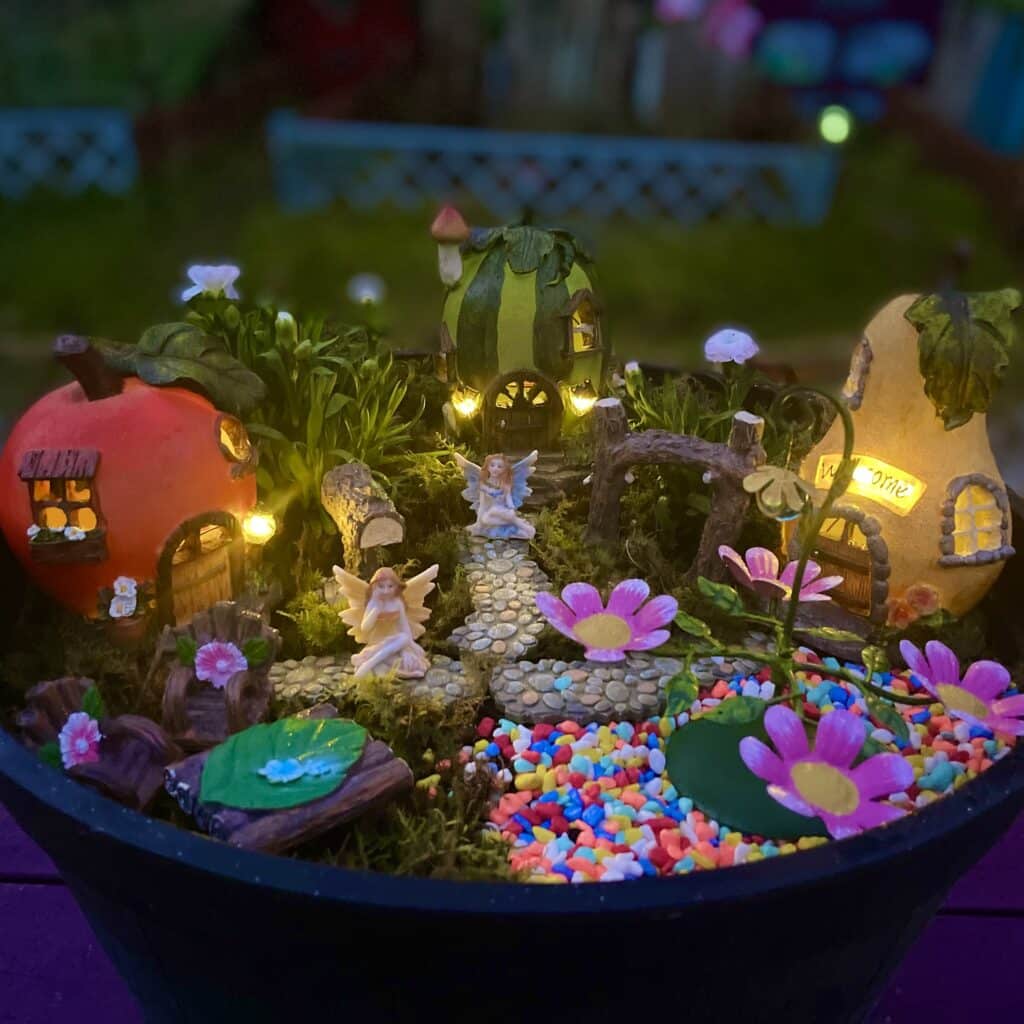 A Fairy garden lit up at night